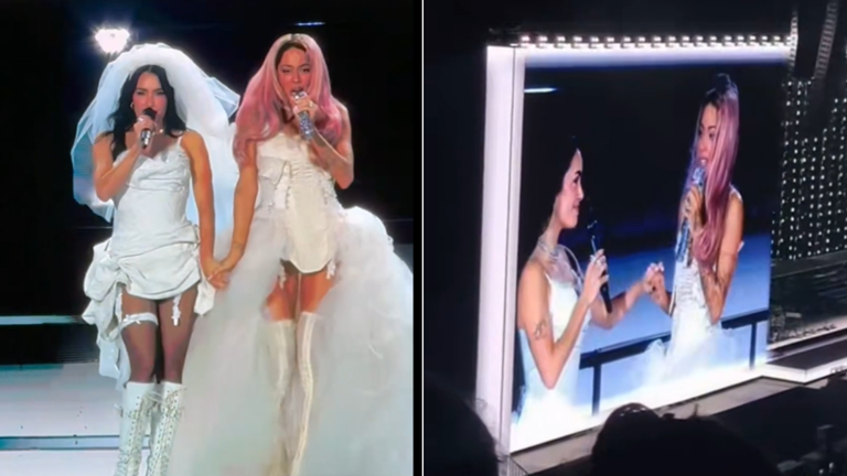 &iexcl;SORPRESA EN RIVER! Lali y Tini se vistieron de novia, cantaron juntas y protagonizaron un inesperado beso